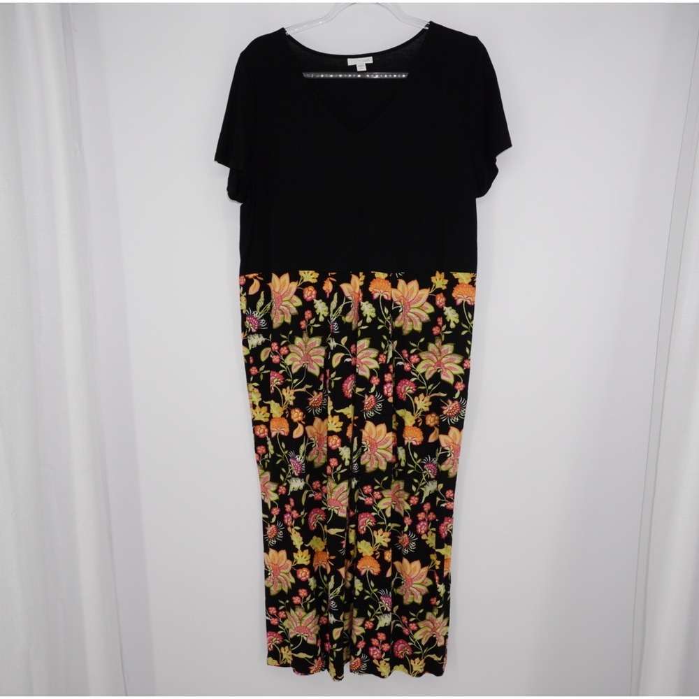 J. Jill Womens Black Floral Mixed Media V-Neck Maxi Dress Petite Large Pockets